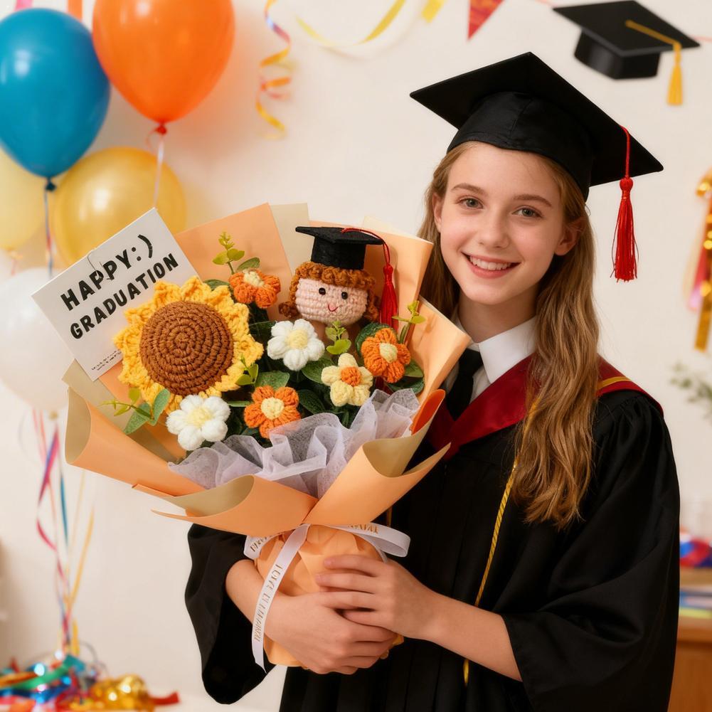 2026 Graduation Crochet Flower Bouquet Knitted Grad Doll Artificial Preserved Flowers Gift For Teacher's Day Home Decor Gift