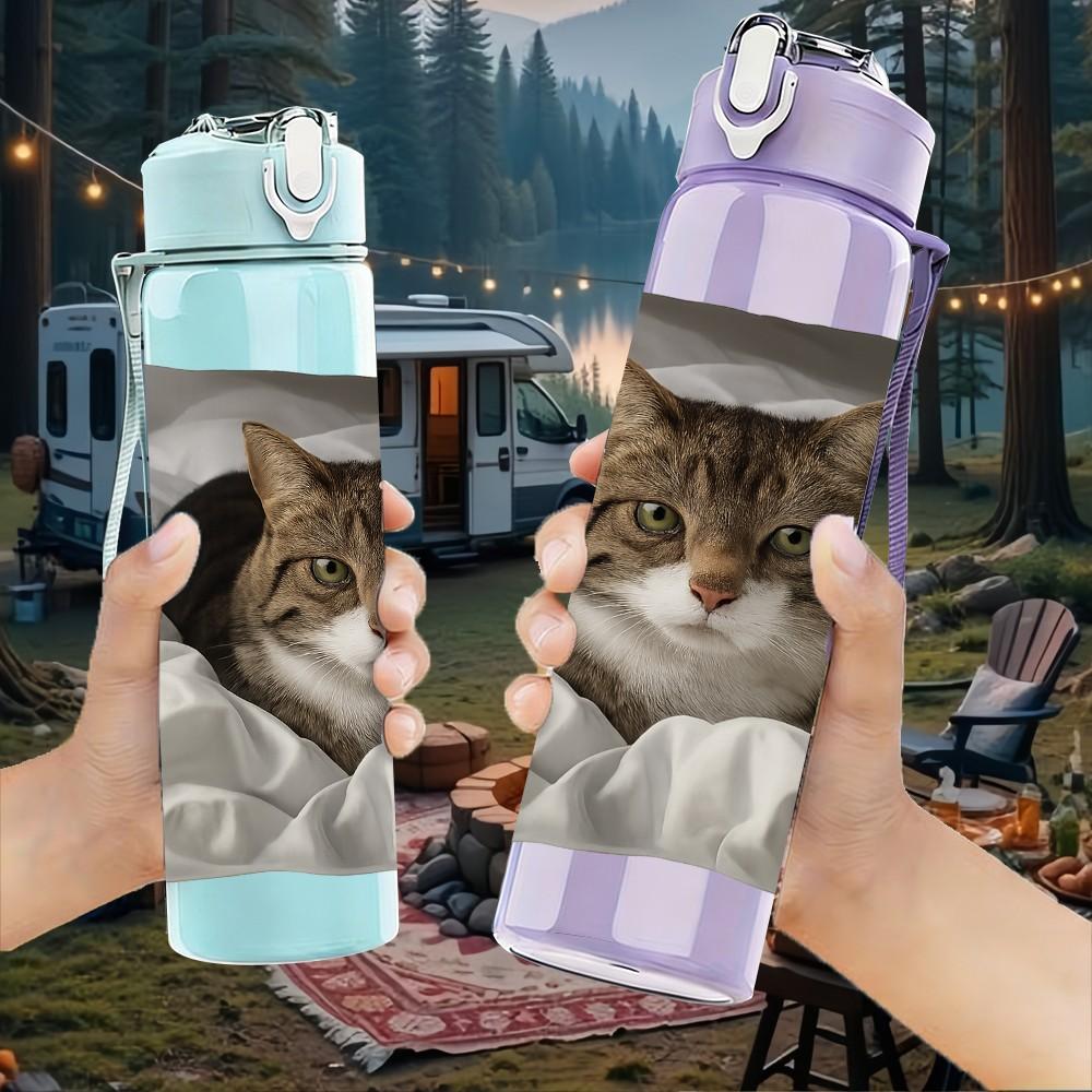 1PC Cat Curled In Pillow 750ml Color Plastic Sports Water Bottle Leakproof Flip Straw Lid Suitable for Sports Office Home Use