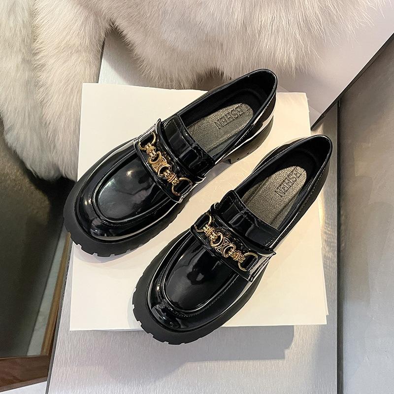 2024 нова платформа маленькі шкіряні туфлі круглий носок золота пряжка лофери жіночі британський стиль ретро маленькі шкіряні туфлі жіночі