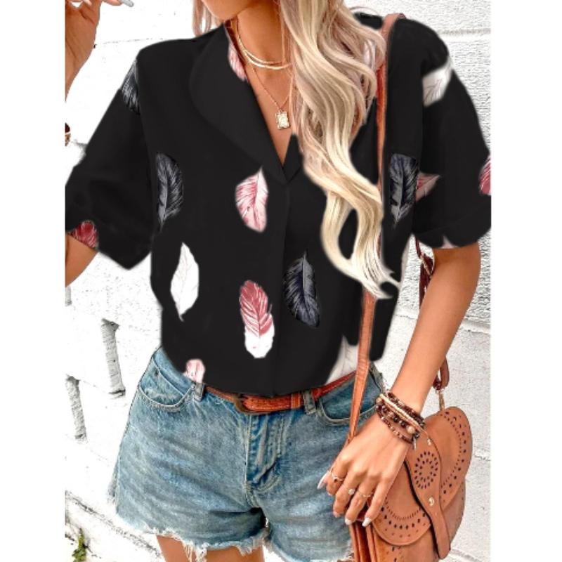 Women Casual Notched  Lapel Feather Print Short-sleeved Blouse Top