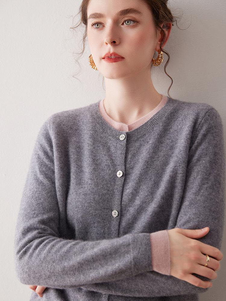 2025 Autumn/Winter Cashmere Color Block Two-Piece Knit Cardigan – Elegant Campus Style Sweater Top