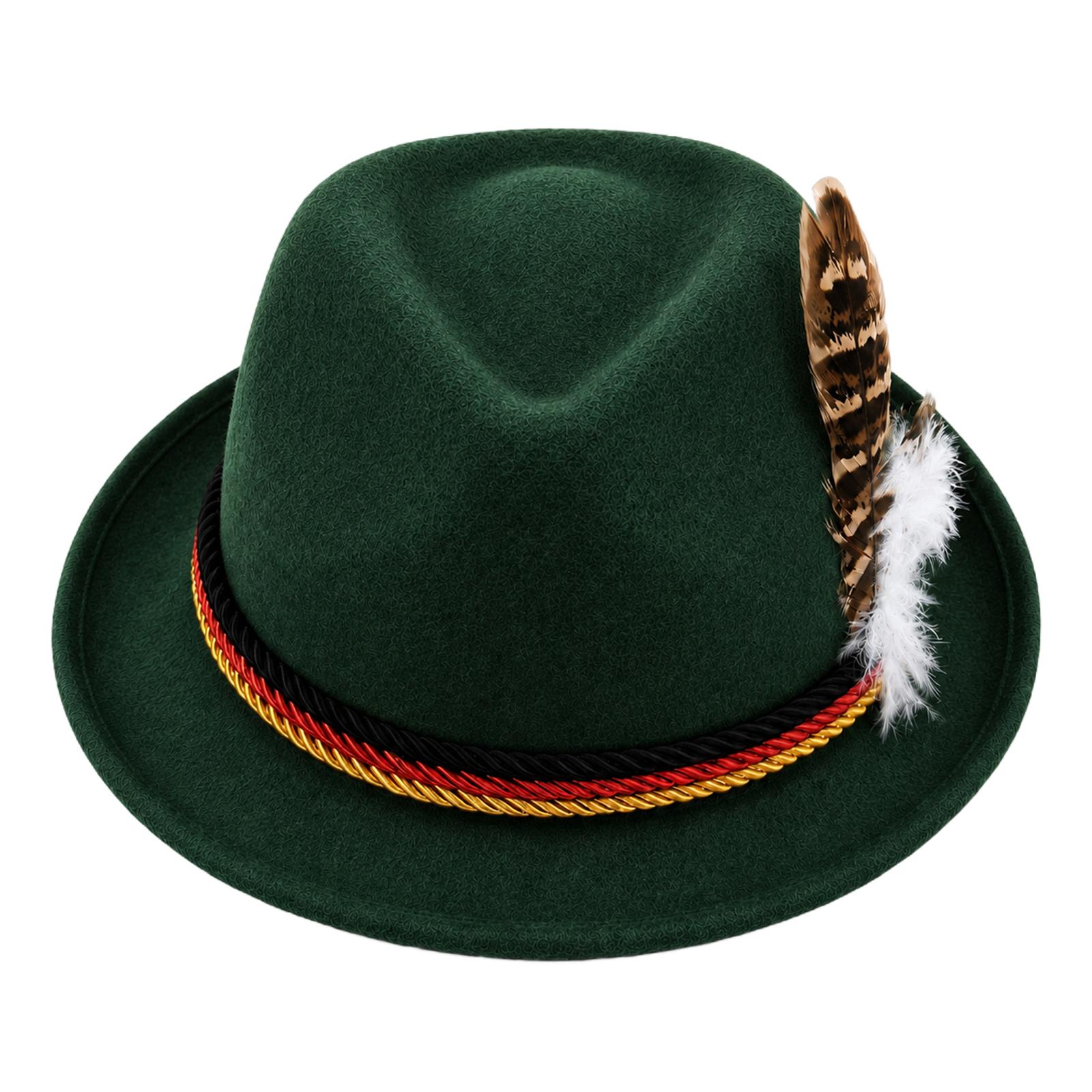 Sötét Oktoberfest kalap tollal, Német Fesztivál Jazz kalap - Hagyományos bajor fejfedő férfiaknak és nőknek, Egy méret One Size black
