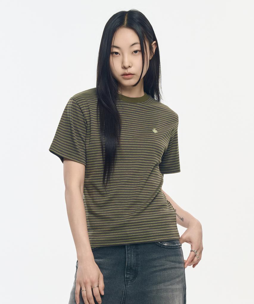 SLOW RECORD HOUSE Striped Short Sleeve T-Shirt_Khaki