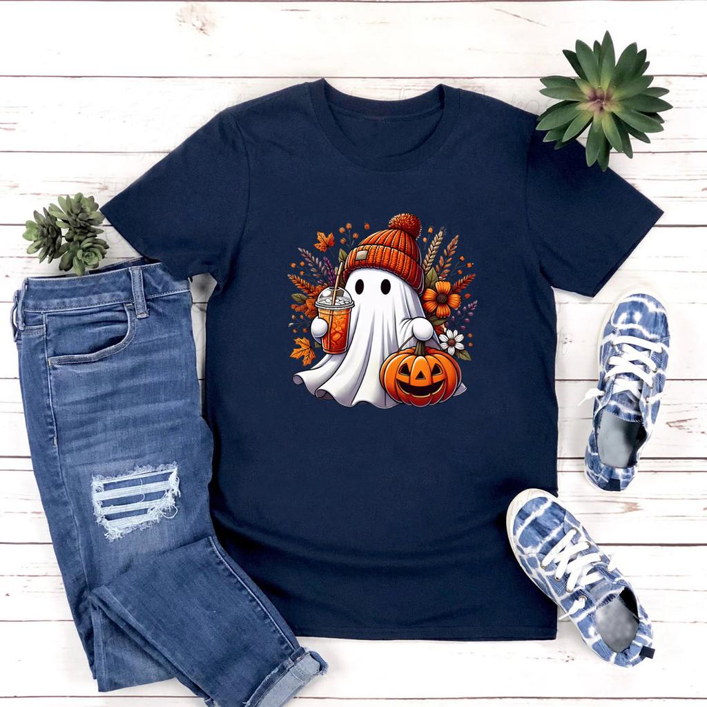 Halloween Cute Ghost T-shirt Halloween Pumpkin Spice Tee Women's Graphic T Shirts Spooky Season T-shirts Trick or Treat Tees