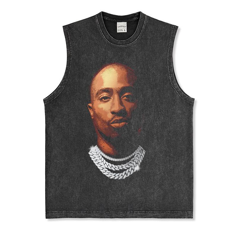 Canotta Senza Maniche Tupac Grafica Retro High Street Cotone Pesante