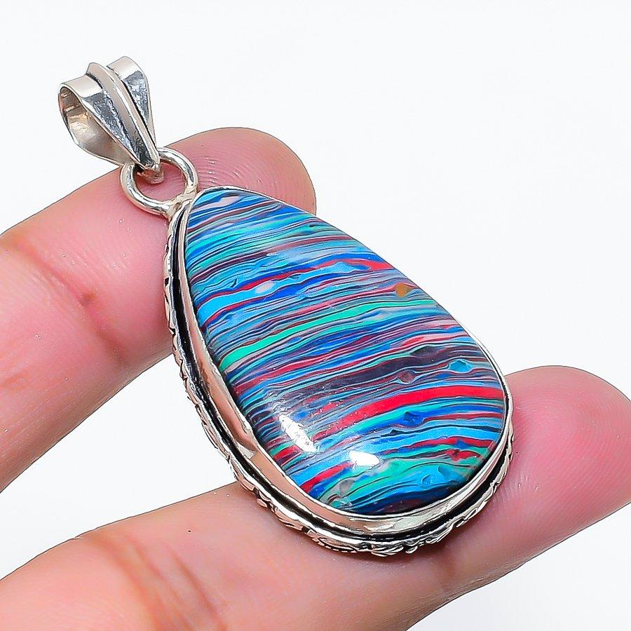 Natural Rainbow Calsilica Gemstone 925 Sterling Silver Pendant 1.97  AP-15185