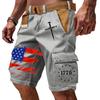 Men's Casual Multi Pocket Cargo Shorts with Flag and Lettering Print Functional Outdoor Workwear Shorts Without Belt