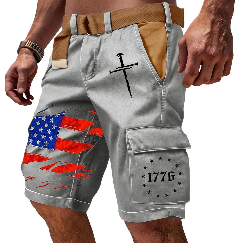 Men's Casual Multi Pocket Cargo Shorts with Flag and Lettering Print Functional Outdoor Workwear Shorts Without Belt