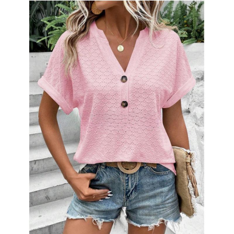 YYFS Women's Fashion Casual Summer Spring Solid Color Print Short Sleeve V-Neck Blouses & Shirts