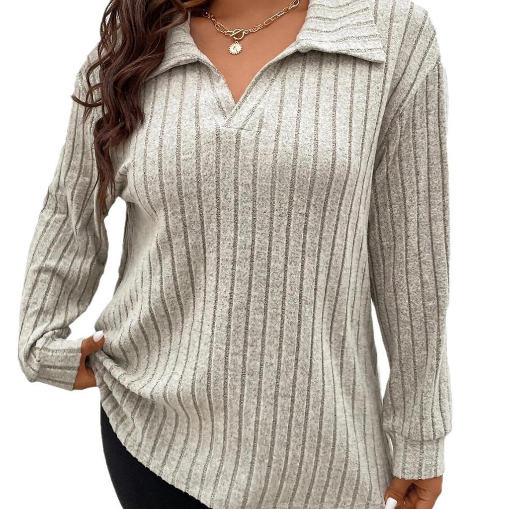 Jesień/Zima 2023 Top z dekoltem w serek, prążkowany, z długim rękawem, w dużych rozmiarach dla kobiet