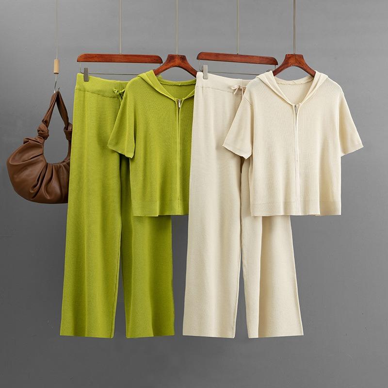 Knitted Solid Color Loose Zipper Hooded Short-sleeved Top Set + Casual Wide-leg Pants Two-piece Set