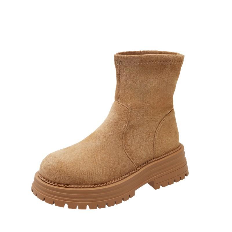 Original Autumn and Winter Thick-soled One-pedal Elastic Thick-heeled Martin Boots Low-heeled Leather Short Boots Thin Women's Boots