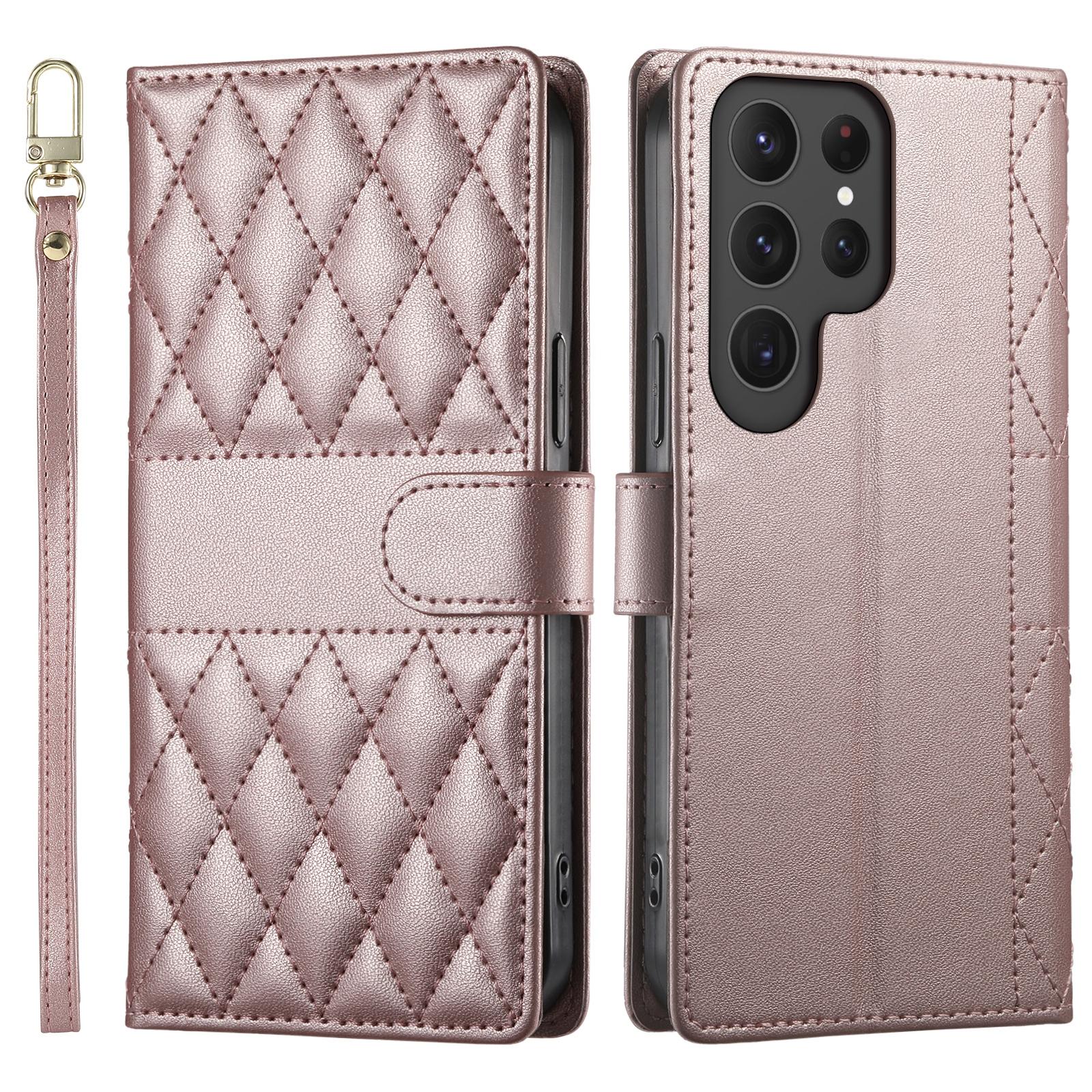 

For Samsung Galaxy S24 Ultra Case Rhombus Stitching Wallet Stand Leather Phone Cover with Long/Short Strap F