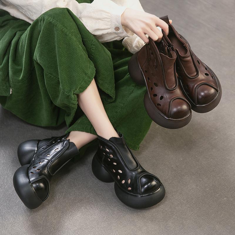 Spring New Round Toe Hollow Out Fashion Thick Sole Boots Height Increasing Vintage Casual Women Shoes