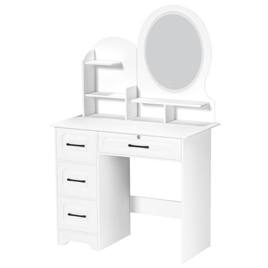 Makeup Desk with Mirror, Large Vanity Desk with Storage Shelves, 4 Drawers, Makeup Vanity Table with Light, Bedroom Dressing Table