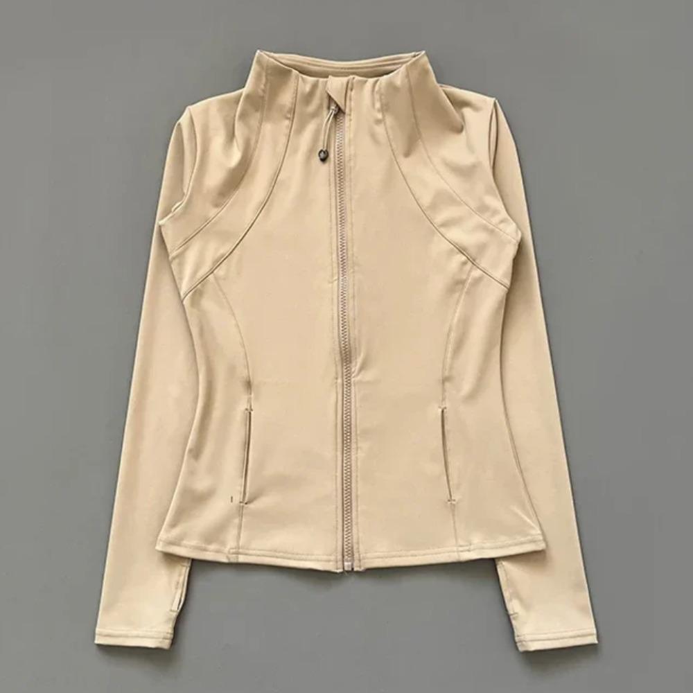 Hurtigtørkende treningsjakke med oppstående krage for kvinner, slank passform, glidelås, yogaklær, langermet, pustende, løping, sport, sykkeltopp