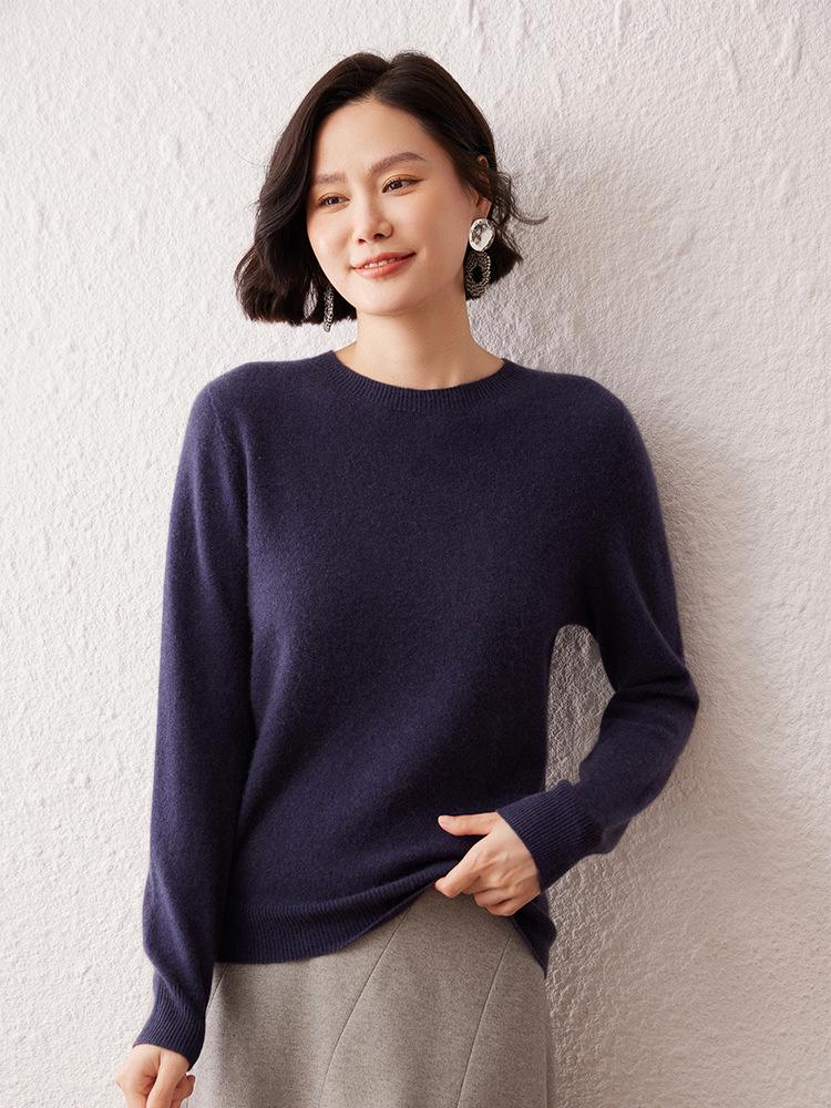Women's 7-Gauge Double-Ply Cashmere Sweater - Autumn/Winter 2026 Collection, Versatile Solid Color Round Neck Sweater