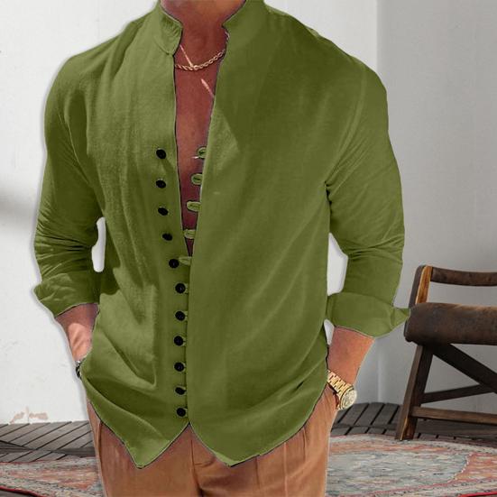Men Summer Shirt Long Sleeve Stand Collar Single-breasted Casual Buttons Daily Wear Slim Fit Solid Color Beach Shirt Male Clothes