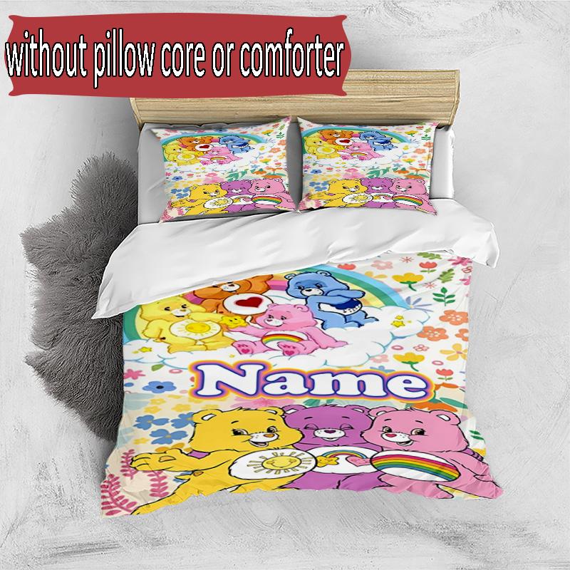 3'lü Nevresim Takımı (1*Nevresim Kılıfı + 2*Yastık Kılıfı, Çekirdeksiz), Kişiye Özel İsimli Care Bears Desenli Nevresim Takımı, Ev Yatak Odası Dekorasyon Hediyesi