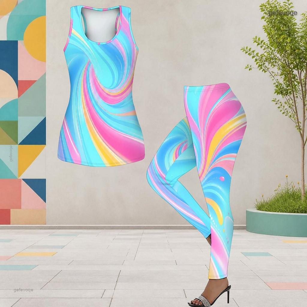 Women Plus Size Two Piece Set Scoop Neck Sleeveless Longline Tank Top Fitted Colorful Printed Pants