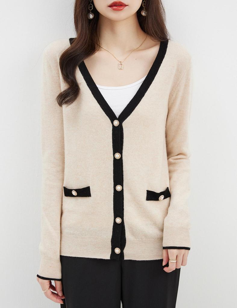 2024 Spring/Autumn Women's V-Neck Wool Cardigan - Color Block & Patchwork Design, Elegant & Versatile Knit Jacket