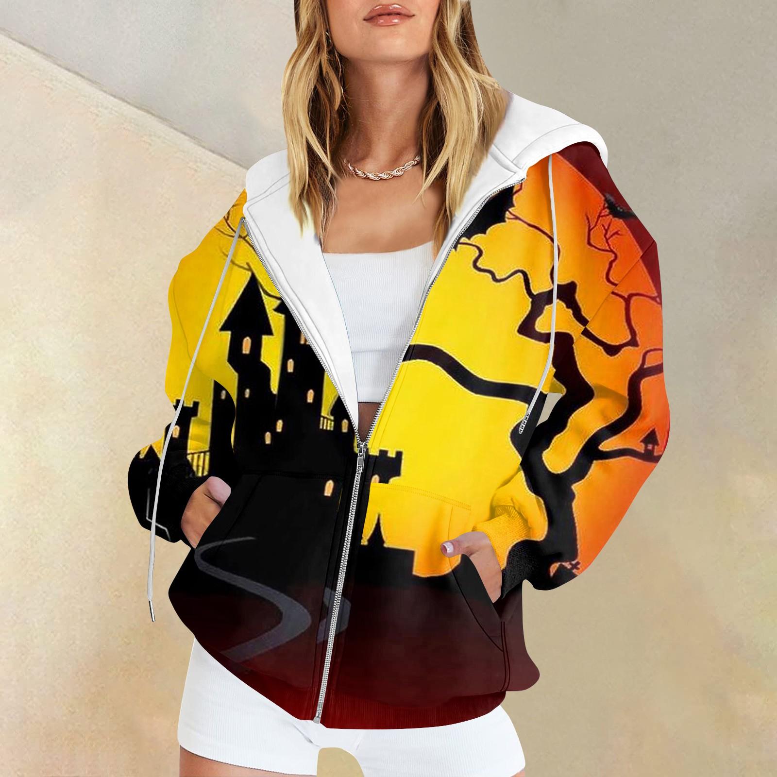 

Женская мода повседневная толстовка с принтом на Хэллоуин осень-зима с длинным рукавом кардиган с карманами на молнии куртка с капюшоном XXL