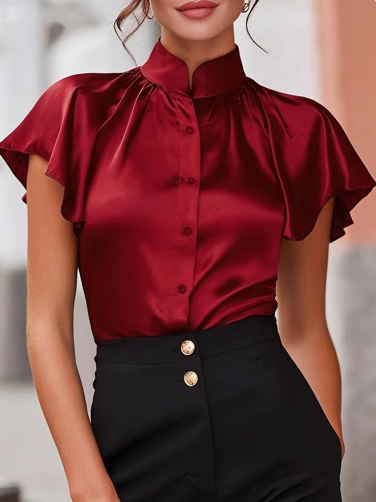 Womens Satin Stand Collar Ruffle Short Sleeve Blouse