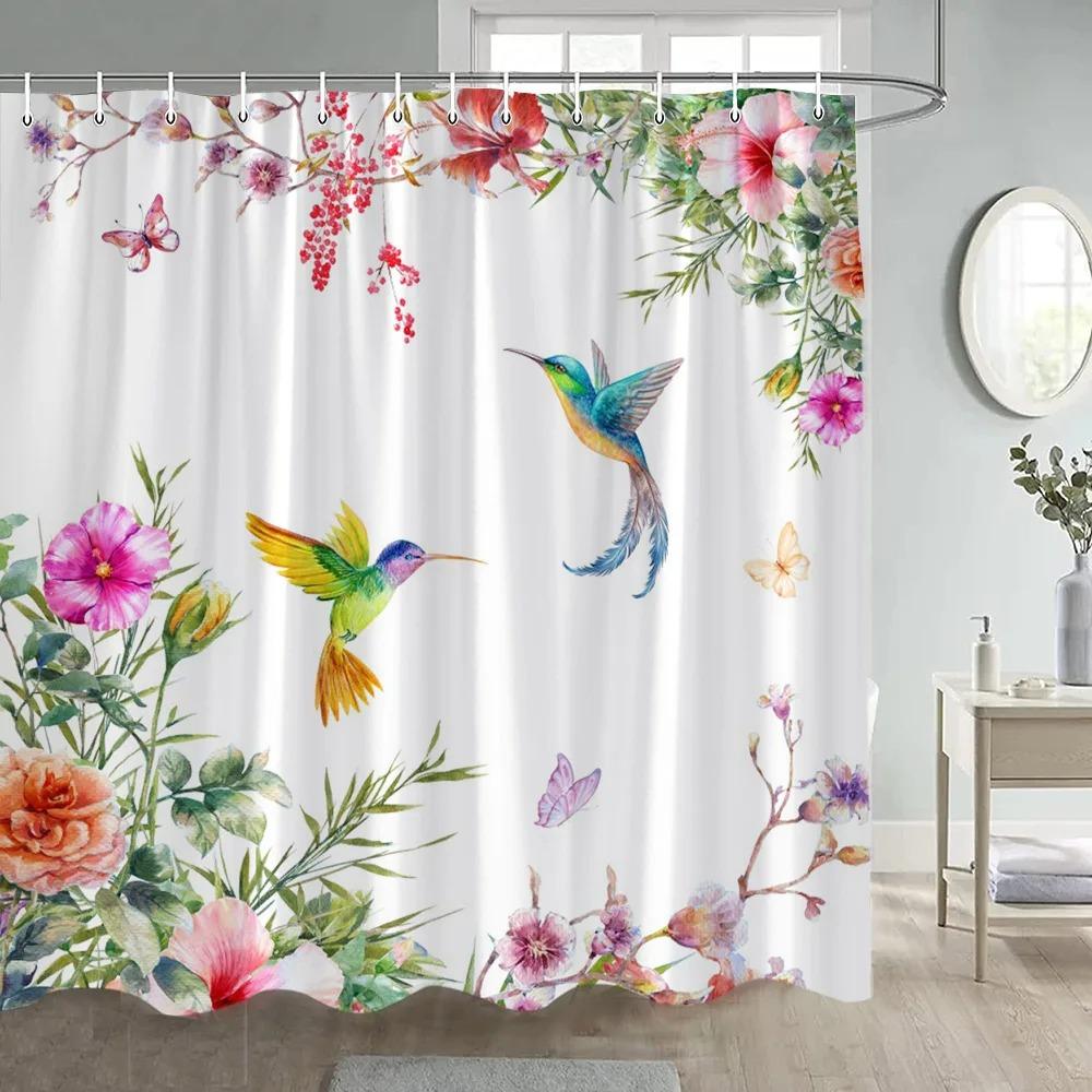 Kolibris Duschvorhang Weiß Blumige Pflanze Aquarellkunst Modern Einfach Stoff Badezimmer Vorhänge Heim Badewannen Dekor Haken