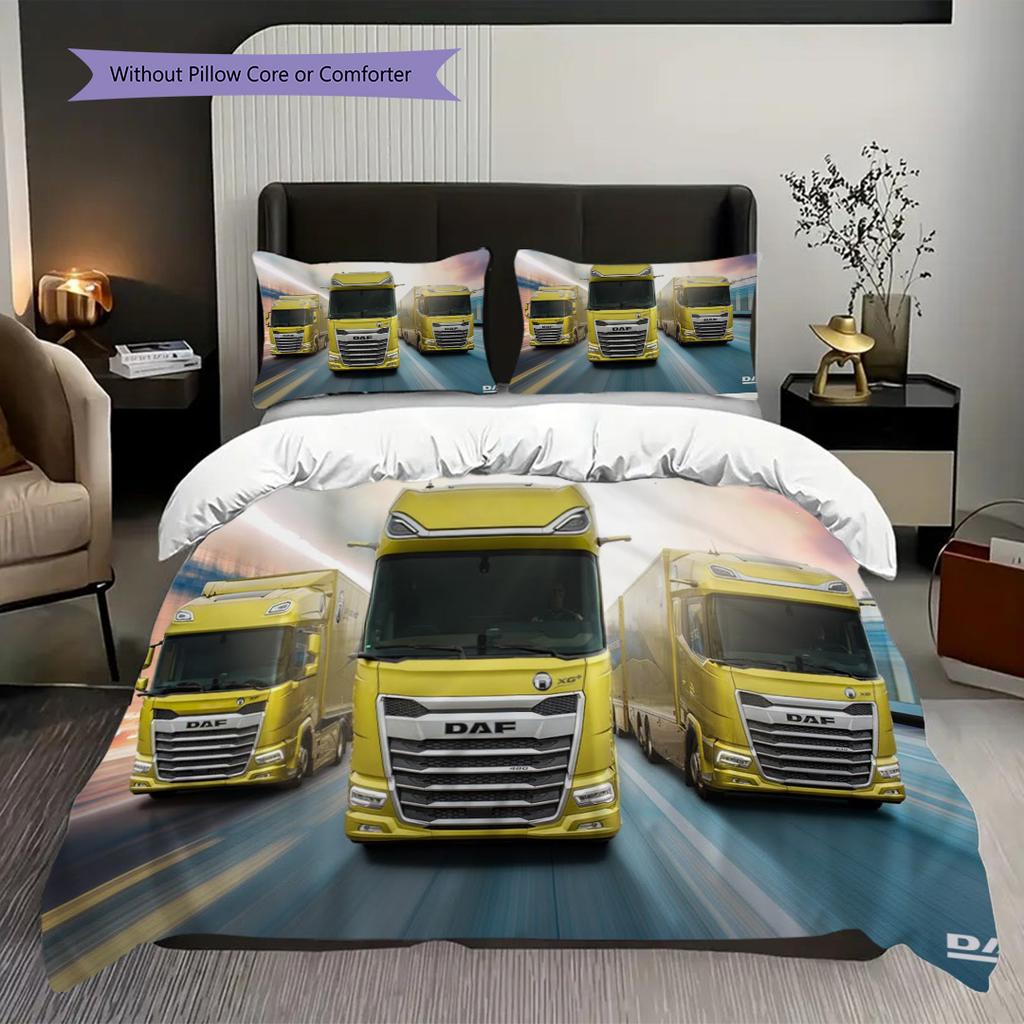 Golden Trucks Motion Bedding (1 * duvet cover + 2 * pillowcase, without core) 2D Flat Soft and comfortable Bedding set Christmas birthday gift