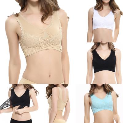 Ladies'plain Color Front Cross Side Lace Sports Bra Full Cup Bra Vest Tops