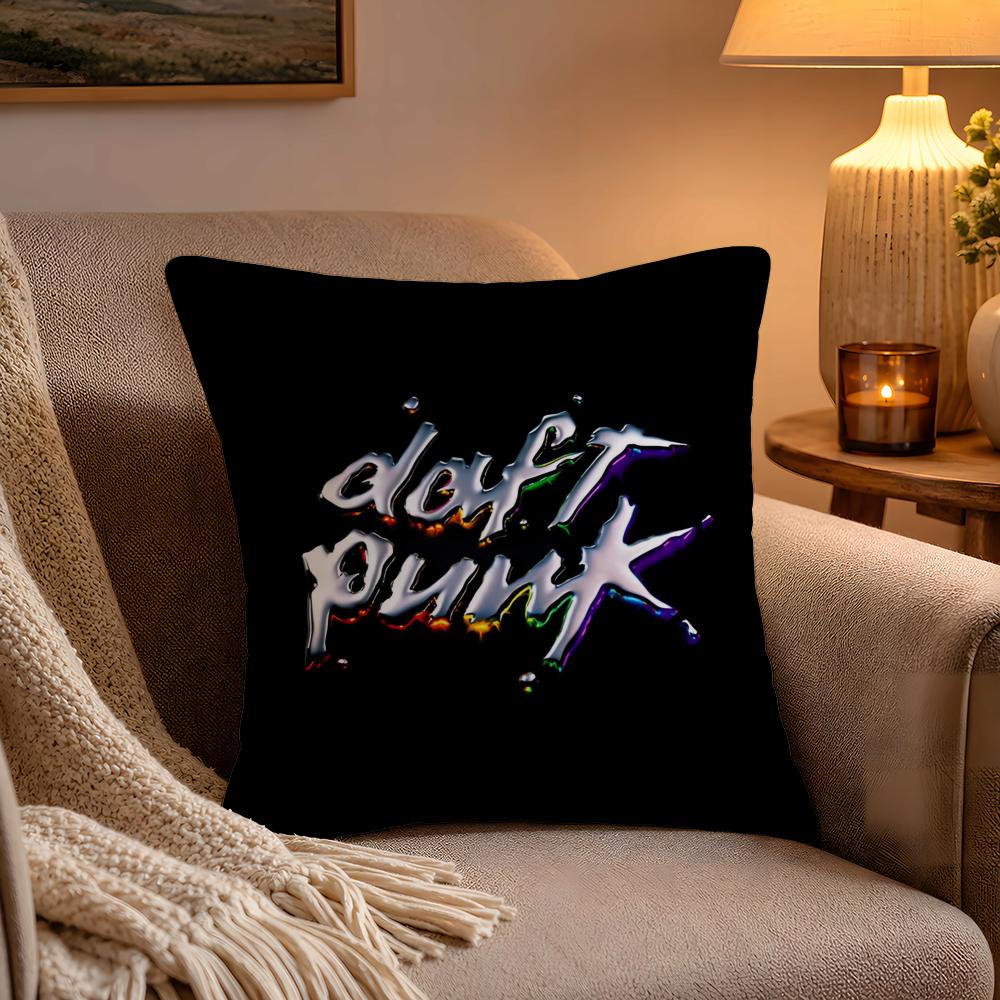 Fashion Rock Band DDaft Punk Pillow Case Soft Plush Cushion Cover Double Print and Invisible Zipper for Sofa Home Car Use