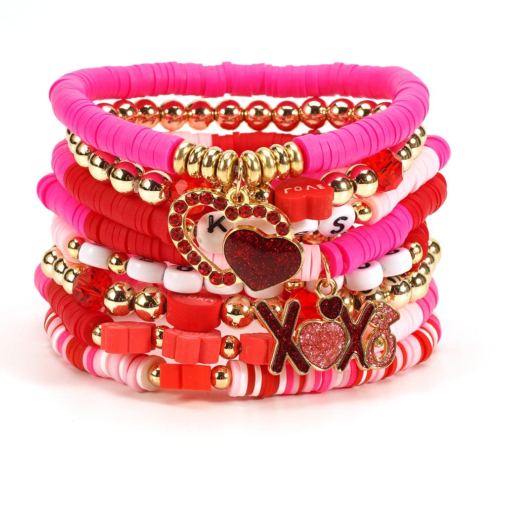Valentine's Day Bracelet Love Heart XOXO Rose Pendant Charm Beaded Multi-Layer Bracelet Handmade Romantic Gift for Women