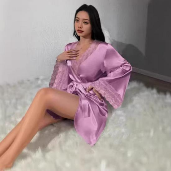 

European & American Style Plus Size Lace Patchwork Silk Pajama Robe for Women XL