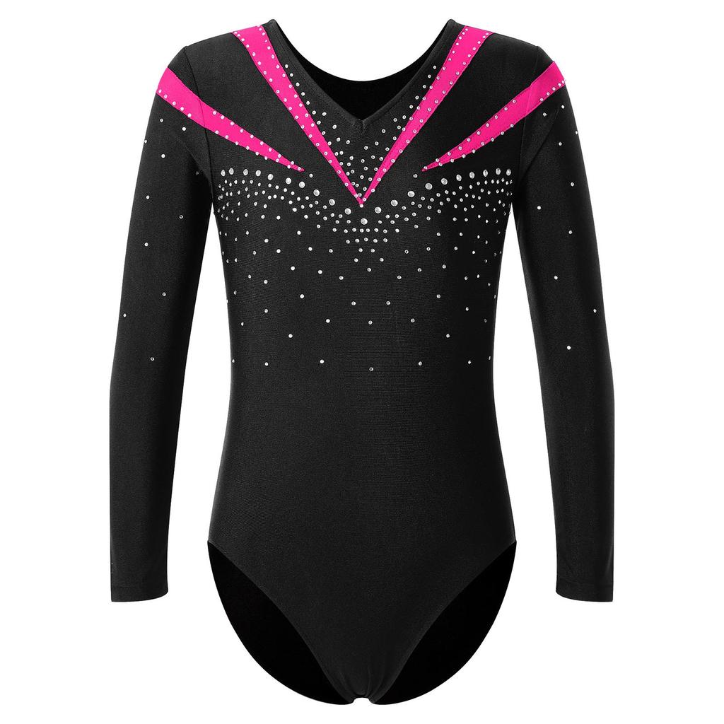 Girls Long Sleeve V Neckline Dance Leotards Shiny Rhinestone Decorated Contrast Color Slim Fit Unitard