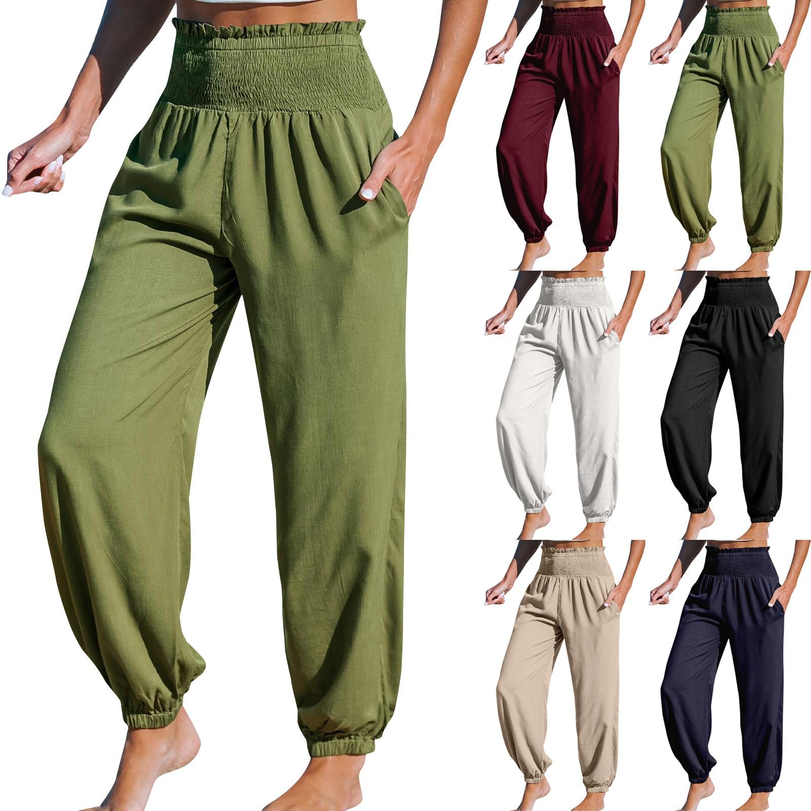 

Женские однотонные повседневные эластичные однотонные брюки с высокой талией и карманами