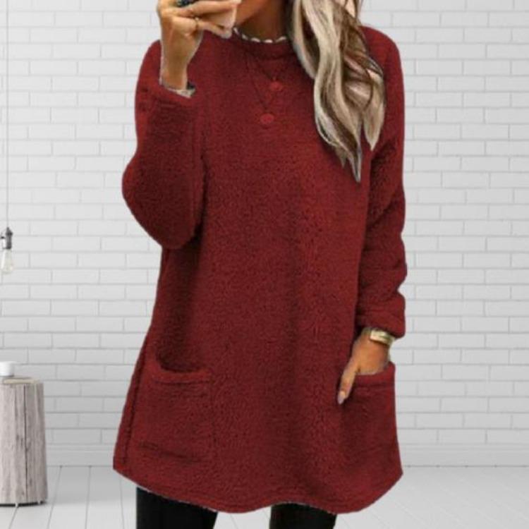 Warm Winter Hoodie Jacket Stylish Women Mid-length Fleece Shearling Thickened Solid Color Pocket Outwear