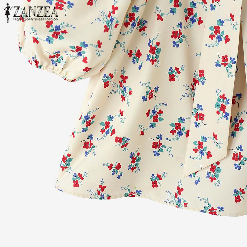ZANZEA Women Square Neck Bubble Short Sleeve Floral Print Blouses