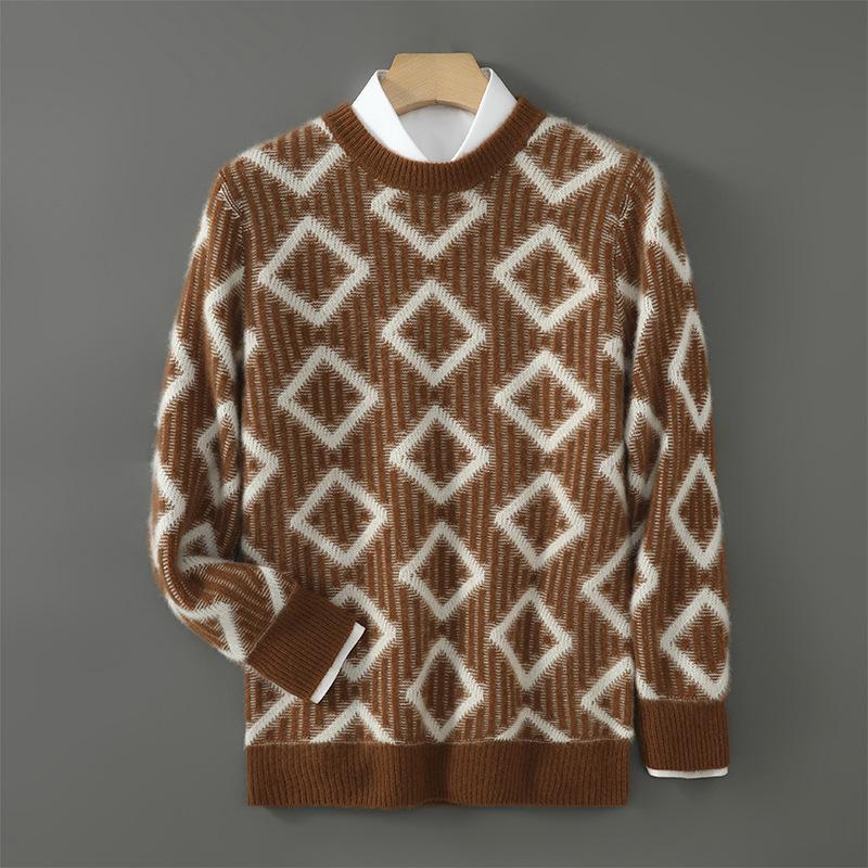 Men's Thick Wool Color Block Sweater - Casual Round Neck Knit Pullover for Autumn & Winter
