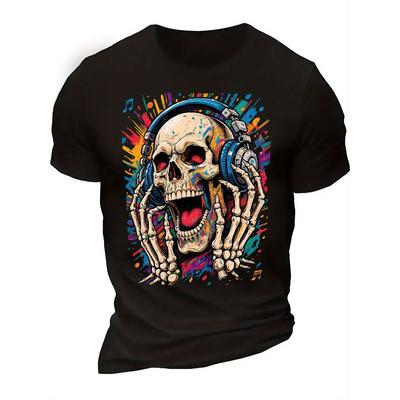 Taglie Europee T-shirt Grafica con Cuffie Teschio Graffiti - Stampa Astratta Vibrante Girocollo Maglietta, Morbida e Traspirante Abbigliamento Casual, Regalo per Appassionato di Musica