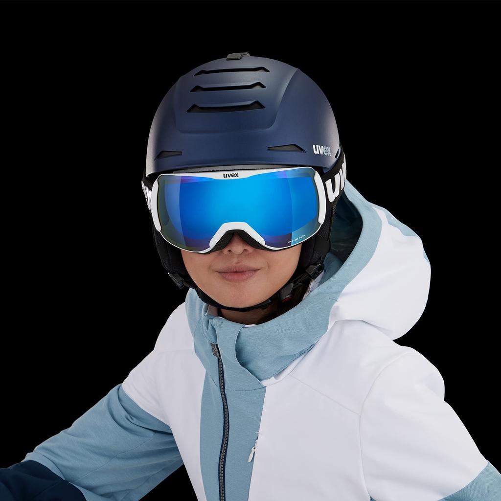 Uvex 2100 CV Ski and Snowboard Single Asian White One Size Fits All Goggles, Unisex, High-Contrast Mirror, Lens, Fit, Downhill, Matte/Blue/Green,