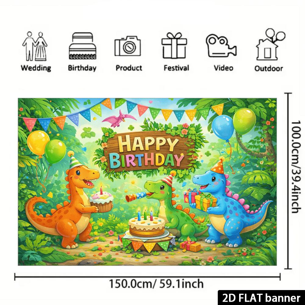 Pânză de fundal 2D plată, dintr-o singură bucată, pentru petrecerea de ziua de naștere cu dinozauri. Potrivit pentru petreceri interioare și exterioare. Decorativ pentru fotografie.