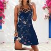 Women Plus Size Criss Cross Neck Strappy Sleeveless Floral Printed Navy Blue Curved Hem Dress