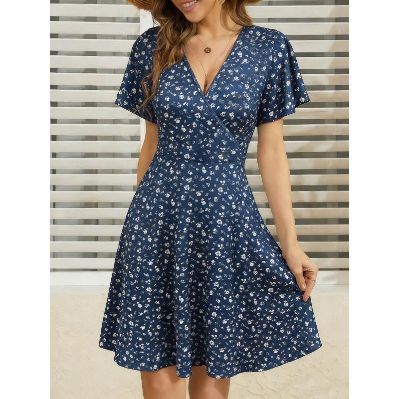 QICED Fashion Summer Spring V-Neck Short Sleeve Casual Dresses