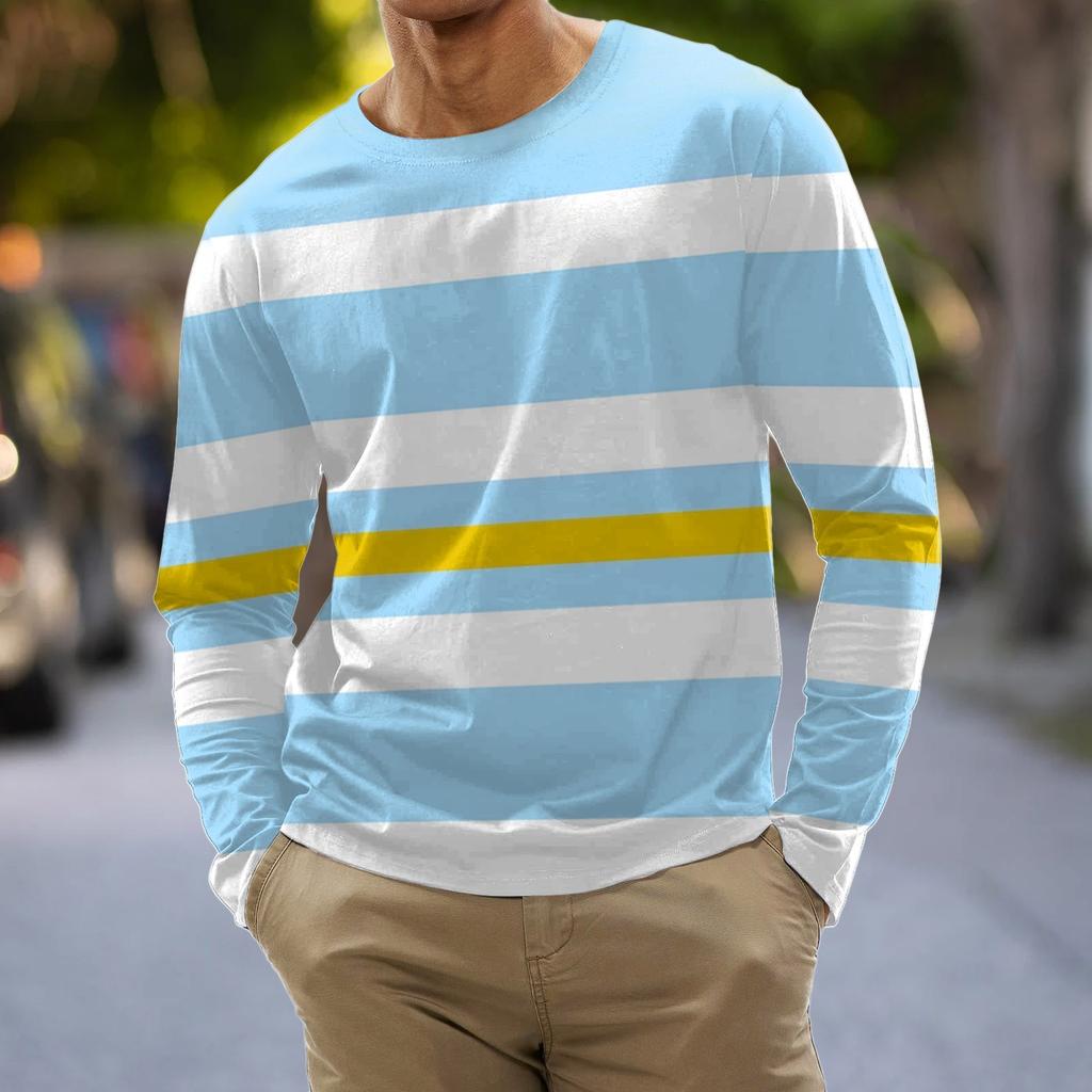 Men's Fashion Casual Stripe Printed Long Sleeve O-Neck Shirts Tops Blouse