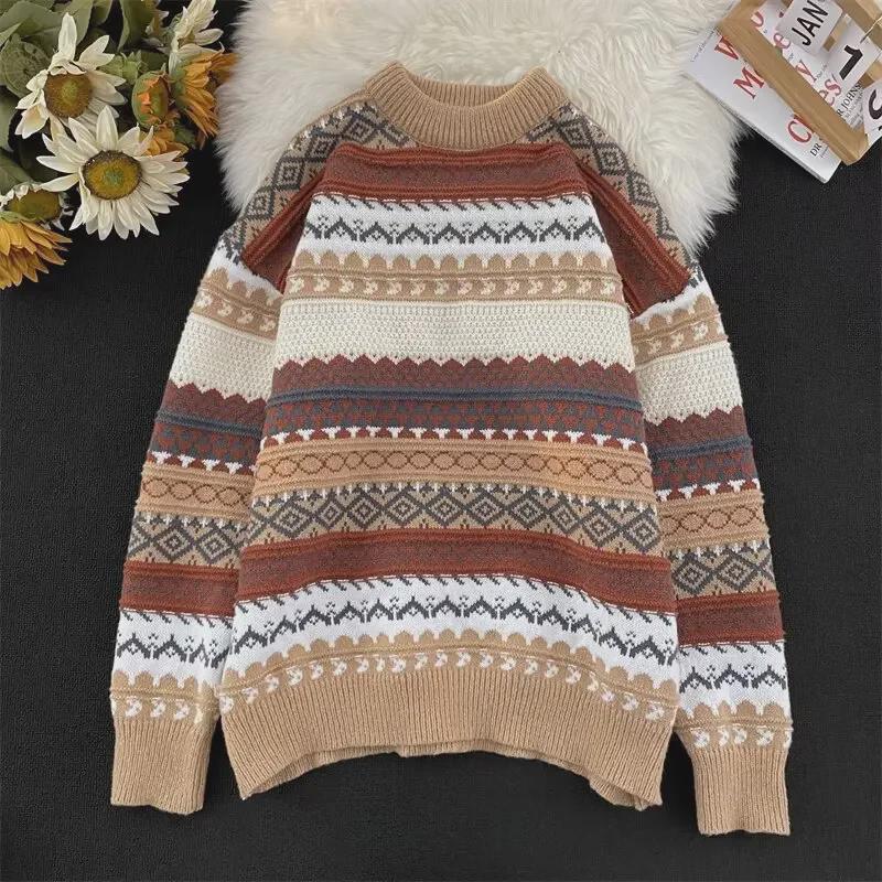 

Мужской ретро корейский полосатый этнический свитер - свободный повседневный зимний пуловер L