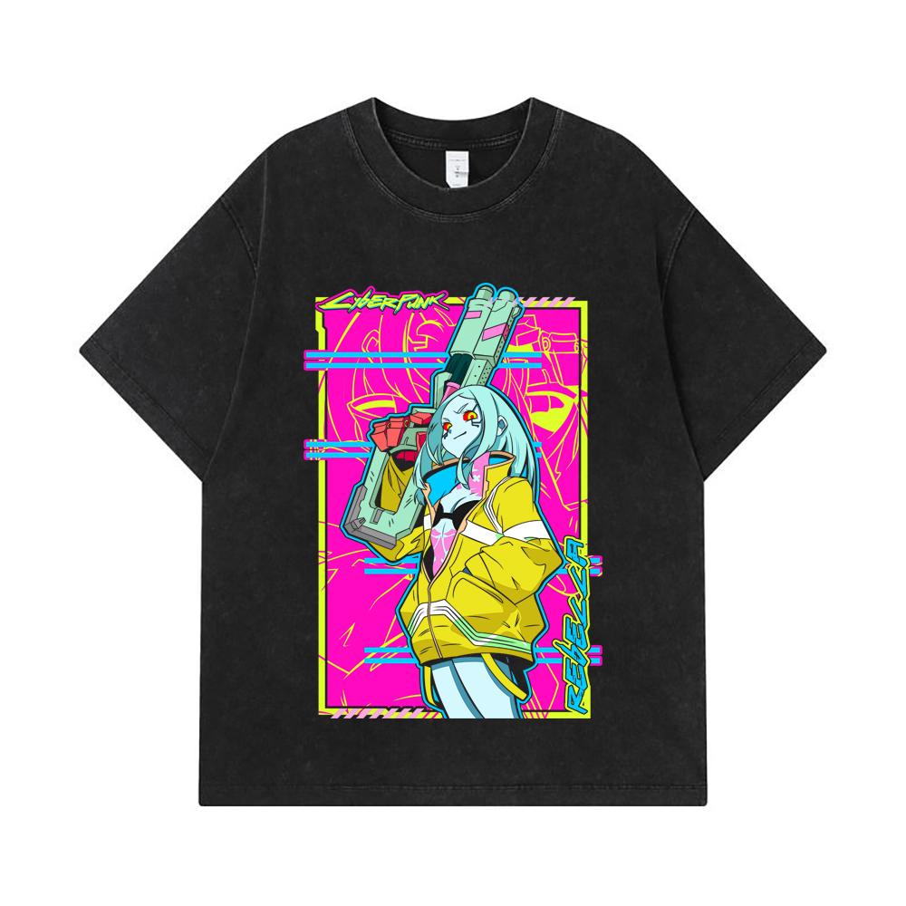 275 GSM Washed T-shirts 100% Cotton Cyberpunk Edgerunners V6 Rebecca Print Unisex Heavy Cotton T Shirt