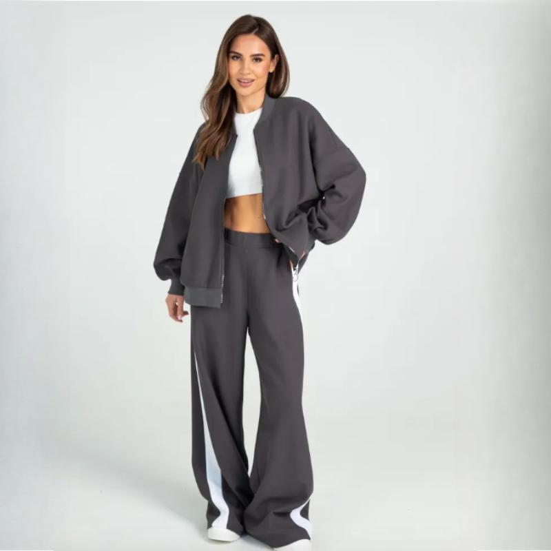 Women's Autumn 2-Piece Sportswear Set - Casual Long Sleeve Zip-Up Baseball Jacket & Solid Color Trousers