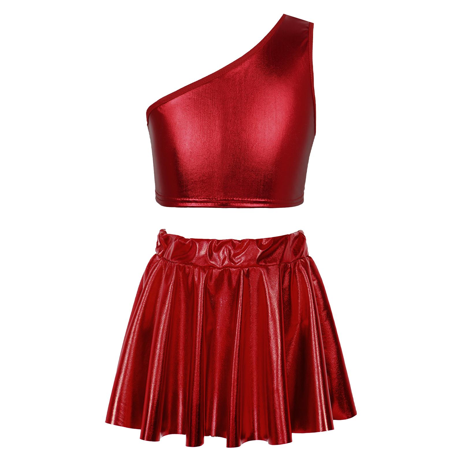 

Girls Metallic Single Shoulder Sleeveless Crop Top Elastic Waistband Skirt Dance Performance Costume Stage Show Recital Outfit Sparkly Apparel for Kid 13-14 Years червоний