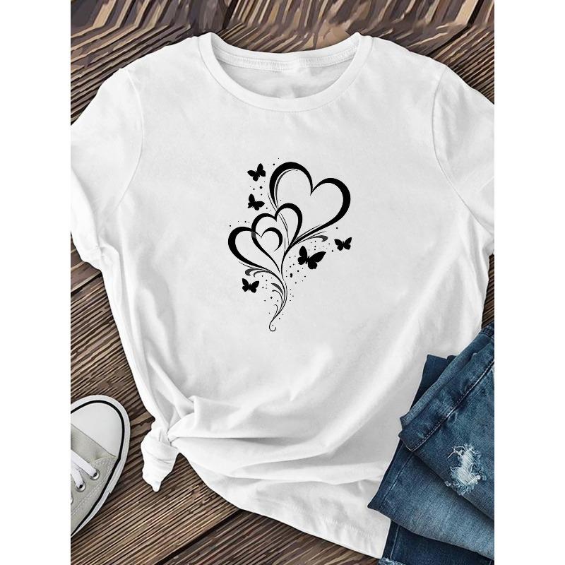 T-shirt Court Manches Courtes pour Femme Taille Européenne Imprimé « Amour Artistique et Papillon Volant », Tenue Artistique à la Mode, Haut à Col Rond