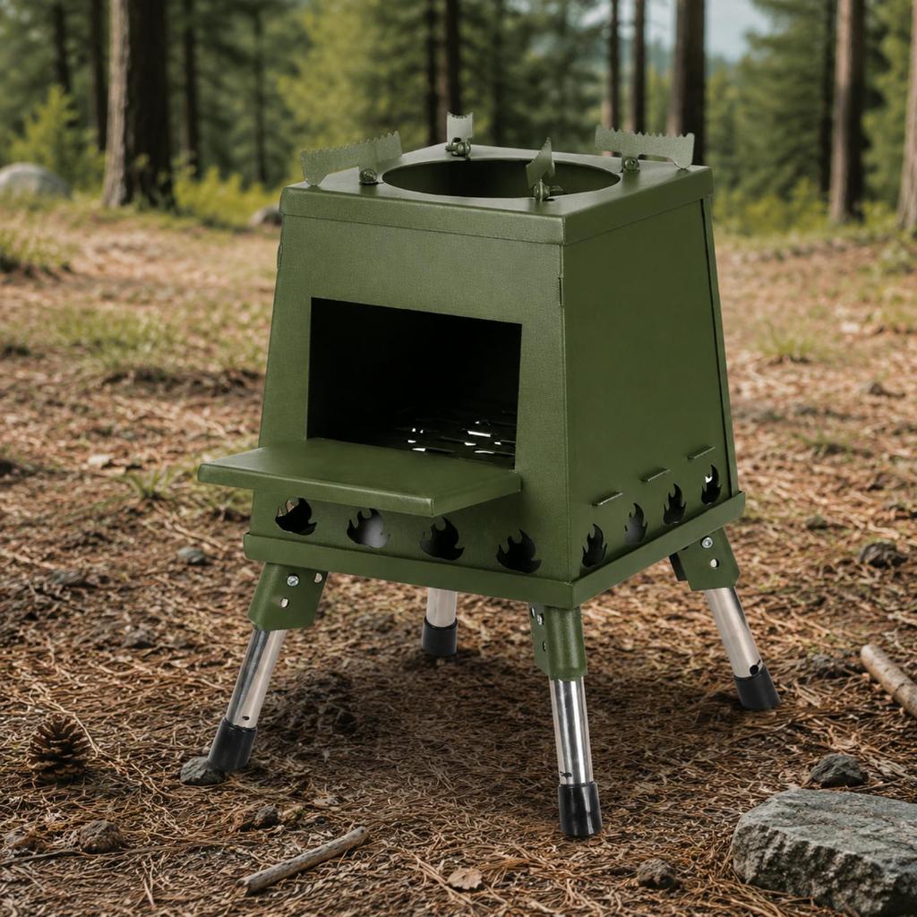 Square Firebox with Cooking Shelf Foldable Camping Folding Legs Ventilated